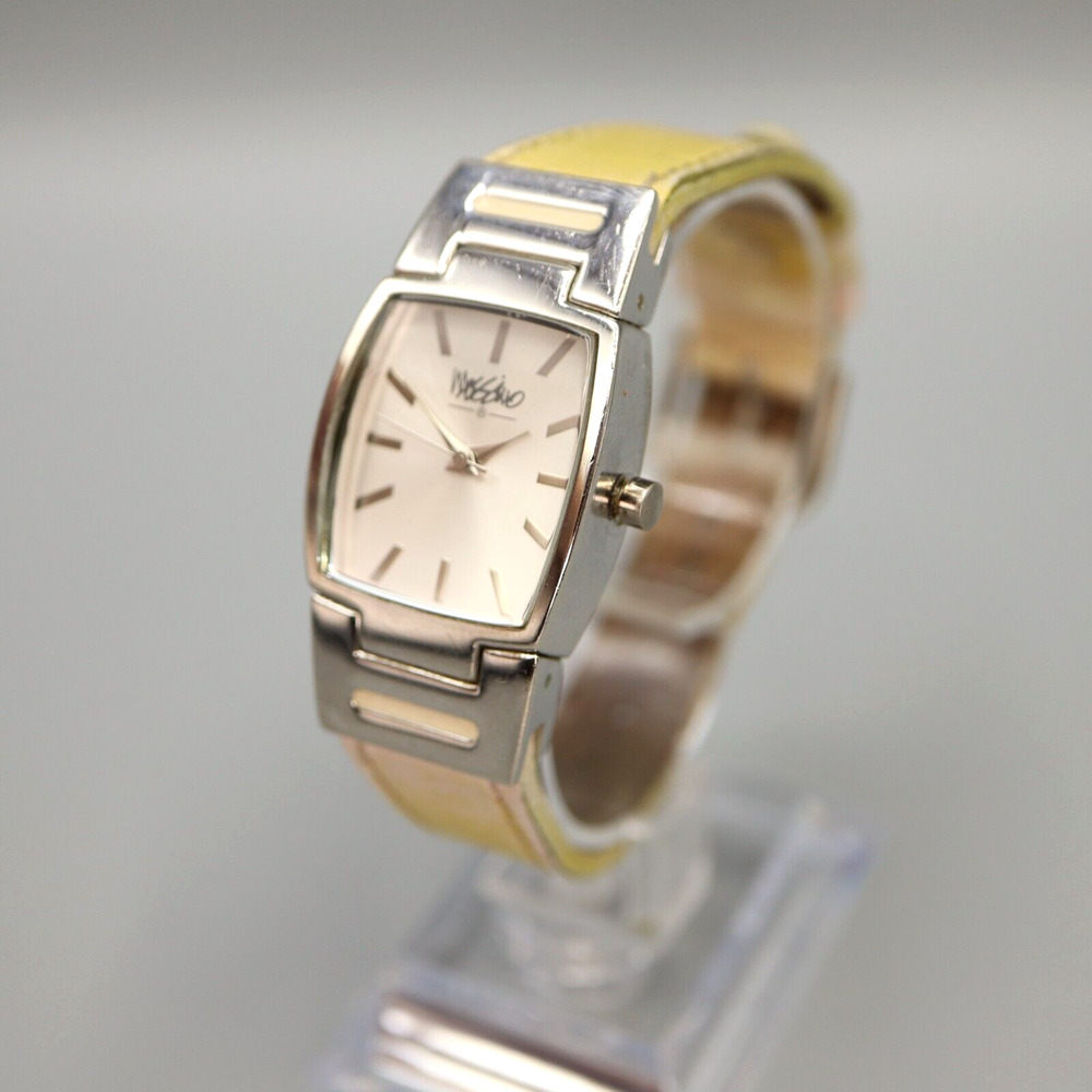 Mossimo Silver Tone Square Barrel Watch Yellow Leather Strap w New Battery